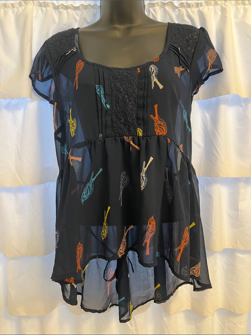 Fire Los Angeles Navy Short-Sleeve Bird Print Peasant Top